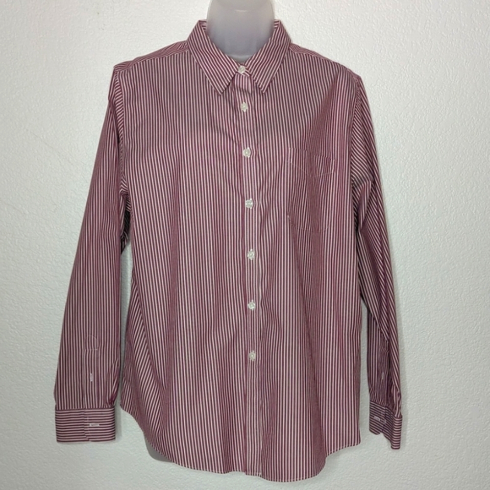 LL Bean Classic Deep Cherry/White Striped Women's Shirt Size L